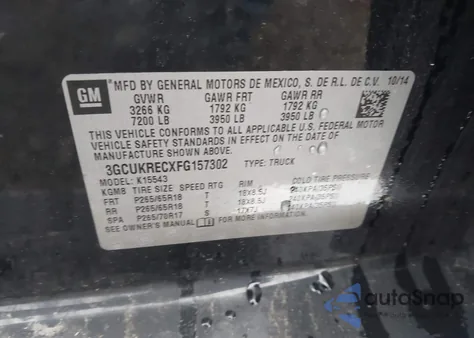 2015 Chevrolet Silverado 1500 2Lt from USA, damaged, VIN 3GCUKRECXFG157302